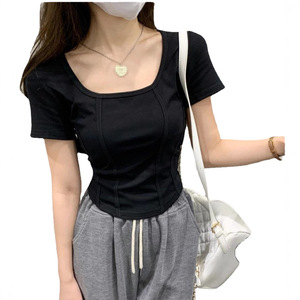 Camiseta de Verano Coreana con Cuello Cuadrado y Manga Corta para Mujer, Diseño Moderno y Elegante, Corte Ajustado, Top Corto a la Moda - Product Image 5