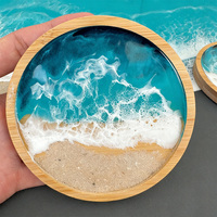 Ensemble de sous-verres en résine bleue avec bordure en bois, dessous de verre en époxy imperméable pour table basse et décoration côtière