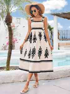 Elegante abito <span class=keywords><strong>lungo</strong></span> con stampa etnica Vestido di mare tropicale De Verano abito senza maniche per le vacanze estive - Product Image 3