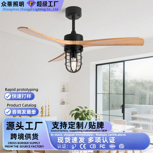 Retro Style Solid Wood <b>Ceiling</b> <b>Fan</b> Light With Led Bulb Flush Mount For Living Room And Dining Room - Product Image 4