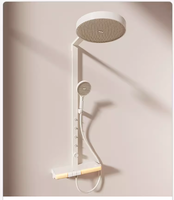 Panneau de douche minimaliste en cuivre blanc, système de douche de luxe à effet pluie avec douchette à main, barre coulissante et plateau de rangement