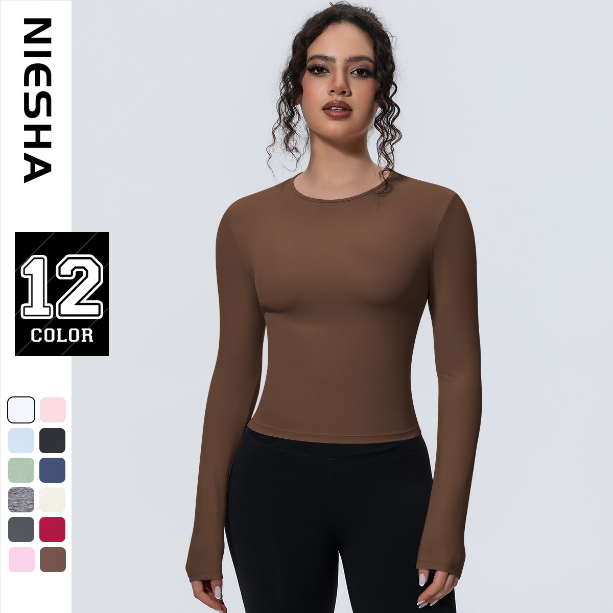 12 Colors Women Round Neck Long Sleeve Yoga T-Shirt Slim Fit Workout Shirts Girl Running Sports Tops