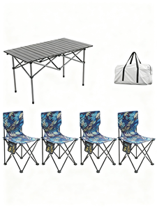 Folding Egg Roll Camping <b>Table</b> and 4 <b>Chairs</b> 5 Piece Set Carbon Steel Portable Outdoor <b>Dining</b> with Storage Bag - Product Image 1