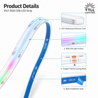 Tira de LED RGB COB de 24 V, IP67, Resistente al Agua, 576 LED/m, Rollo de 50 m, Cinta de Luz Lineal Flexible sin Puntos para Decoración de Jardín Exterior