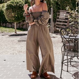 Mono largo de lino personalizado para mujer, diseño playero, plisado, manga larga, pierna ancha - Product Image 1