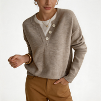 Pull Henley pour femme, couleur avoine, à demi-fermeture boutonnée, effet deux pièces, ample, à manches longues, en maille, avec bord côtelé aux poignets et à l'ourlet, pour l'automne