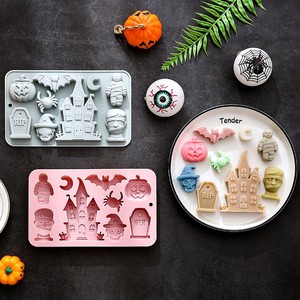 Molde de Silicona <span class=keywords><strong>para</strong></span> Halloween, Molde <span class=keywords><strong>para</strong></span> Hornear de Grado Alimenticio con 8 Cavidades <span class=keywords><strong>para</strong></span> Pastel, Chocolate, Dulces, con Formas de Calabaza, Castillo, Momia y Lápida - Product Image 1