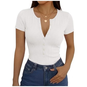 Camisetas de <span class=keywords><strong>Manga</strong></span> <span class=keywords><strong>Corta</strong></span> para <span class=keywords><strong>Mujer</strong></span>, Estilo Henley, Cuello en V, con Botones, Ajustadas, Elásticas, de Color Sólido - Product Image 2