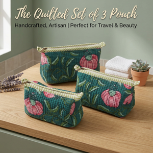 Juego de 3 Bolsas Acolchadas de Lujo Personalizadas, Bolsa de Aseo de Algodón Jaipur con Estampado de Bloques, Organizador de Maquillaje, Estuche Cosmético Portátil y Moderno - Product Image 4