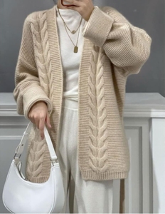 Cárdigan de lana de <span class=keywords><strong>mujer</strong></span> de estilo perezoso suelto desabotonado de longitud media personalizado Chaqueta de suéter de Cachemira larga gruesa de siete agujas - Product Image 4