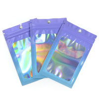 Sacs en Mylar holographiques refermables avec fermeture éclair, transparents d'un côté, brillants, en plastique, pour emballage alimentaire, avec logo personnalisé