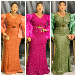 Abito da sera lungo elegante stile retrò con scollo a V, vita dorata e maniche a sbuffo, antistatico, nuova collezione Primavera 2026 - Product Image 1