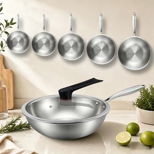 Wok en acier inoxydable tri-couches 24/26/28/30/32/34/36 cm avec couvercle en verre, sans revêtement, compatible induction, poignée anti-chaleur - Product Image 1