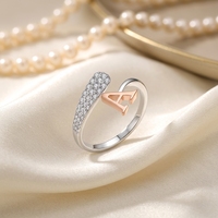 Bague ouverte ajustable en argent sterling 925 bicolore avec initiale A, pavée de zircons CZ, en or rose, lettre A