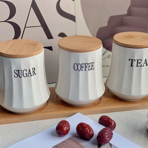 OEM ODM Nouveaux ustensiles de cuisine créatifs de qualité alimentaire, boîte de rangement en céramique pour thé, café, sucre avec couvercle en bambou, logo personnalisé, vente en gros - Product Image 1