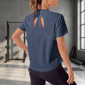 Women's Navy Blue Cut-Out Back Short Sleeve Yoga Top Breathable Spandex Polyester Athletic <b>Shirt</b> Regular Fit Solid Color - Product Image 3