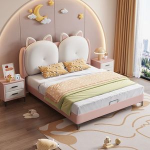 Cream Childrens <b>Bed</b> <b>With</b> Cat Ears Upholstered Modern Minimalist Design For Boy Girl Bedroom Cartoon Teenager Style - Product Image 1