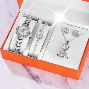 Reloj de pulsera de cuarzo para mujer, conjunto de anillo, collar, pendientes, pulsera