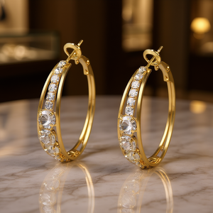 Orecchini a Cerchio Dorati con Cristalli e Strass, Placcati in Oro 22k, Gioielli Classici da Donna per Uso Quotidiano - Product Image 2
