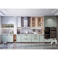 Cuisine modulaire en contreplaqué traditionnelle personnalisée, grand îlot, meubles noirs avec portes en verre, résine de marbre