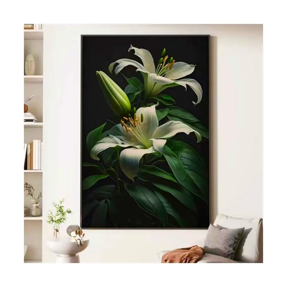 Penjualan terlaris terbaik Modern hijau putih bunga lili Poster cetak dinding seni digulung lukisan kanvas untuk ruang tamu kamar tidur spa ruang tamu