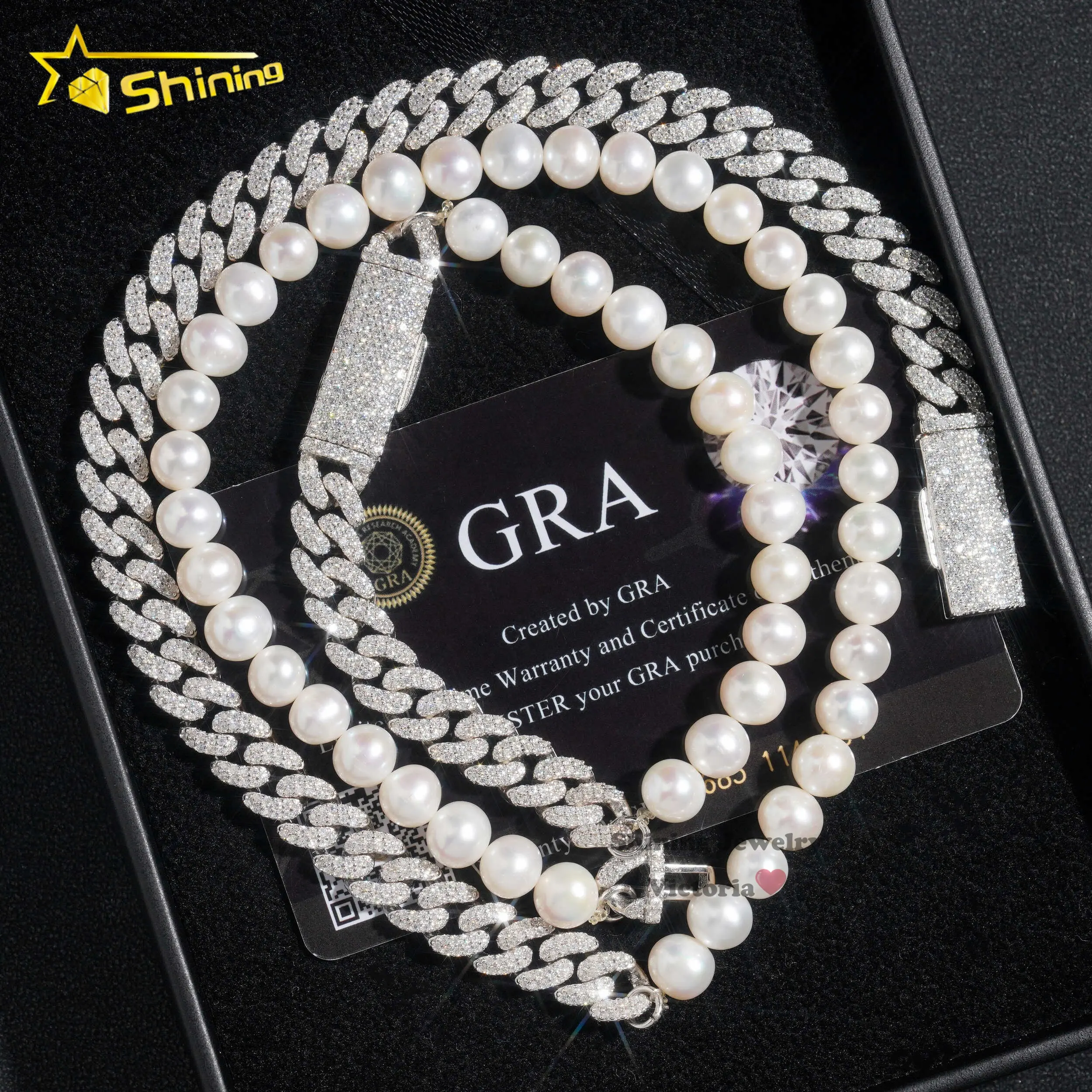 Shining jewelry new design fashion jewelry necklace freshwater pearl with vvs moissanite diamond cuban link chain 10mm