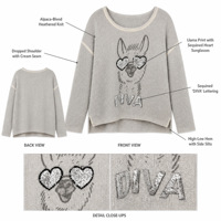 Pull en tricot à col rond pour femme, motif graphique, coupe ample, épaules tombantes, manches longues, motif alpaga à paillettes, pour l'automne et l'hiver