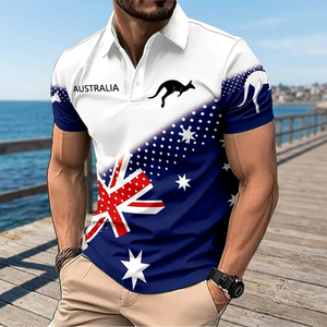 Men's 100% Polyester Breathable Australian Kangaroo Print Golf <b>Shirt</b> Casual Stylish Short Sleeve Satin Top <b>Fringe</b> Design 140g - Product Image 3