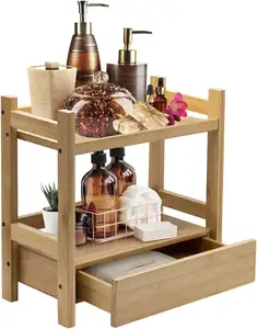 双层竹制台面搁板，带隐藏式抽屉-化妆盒-用于护肤、洗漱用品、桌面的多功能储物空间-