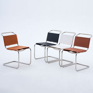 Chaise de salle à manger simple en cuir de selle moderne en acier inoxydable sans accoudoirs salon restaurant loisirs chaise de bureau en cuir en métal - Product Image 1