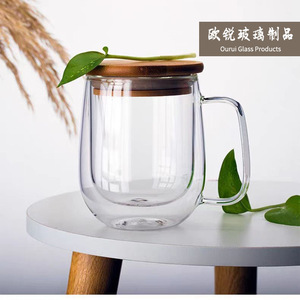 Taza de Vidrio de Doble Pared Ourui con Tapa de Madera, Taza de Café y Té Aislada Transparente, Gran Capacidad, Asa Incluida - Product Image 1