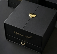 Boîte cadeau pour bijoux haut de gamme personnalisée à double porte, doublée de mousse, avec tiroir, aimant en forme de cœur doré, logo imprimé en relief, boîte d'emballage
