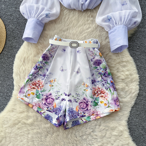 Ensemble 2 pièces vintage d'automne pour <span class=keywords><strong>femme</strong></span> : haut à manches lanternes et short imprimé – Vente en gros - Product Image 4