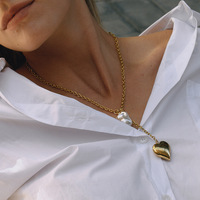 Art Romantique Imitation Perle Coeur Pendentif Long Y Chaîne Collier En Acier Inoxydable Jewelri Major pour Chandail Assorti
