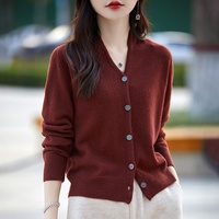 Cardigan élégant 100 % pure laine pour femme, col en V, couleur unie, manches longues, tricot ample, pull en laine, vêtement d'extérieur pour l'hiver