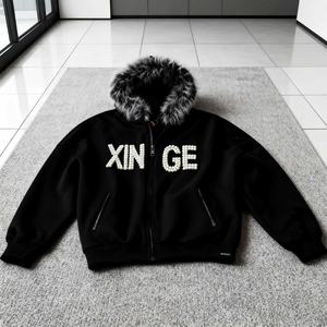 Hoodie Streetwear Homme Printemps 2026 avec Col en Fourrure, Imprimé Graphique Personnalisé Lettres Perles et Strass, Coupe Oversize Zippée et Ample - Product Image 1