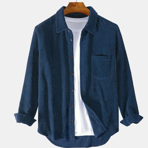 Oem biểu tượng tùy chỉnh in lần lượt xuống cổ áo nâu dài tay áo thời trang lỏng lẻo Mens vải to sợi rắn màu Áo sơ mi - Product Image 3