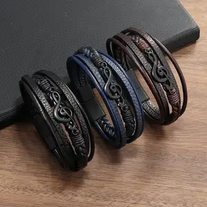 SC Wholesale Punk Multilayer Bracelet Vintage Handmade Braid Leather Bracelet Fashion Boho Note Leather Bracelet For Men