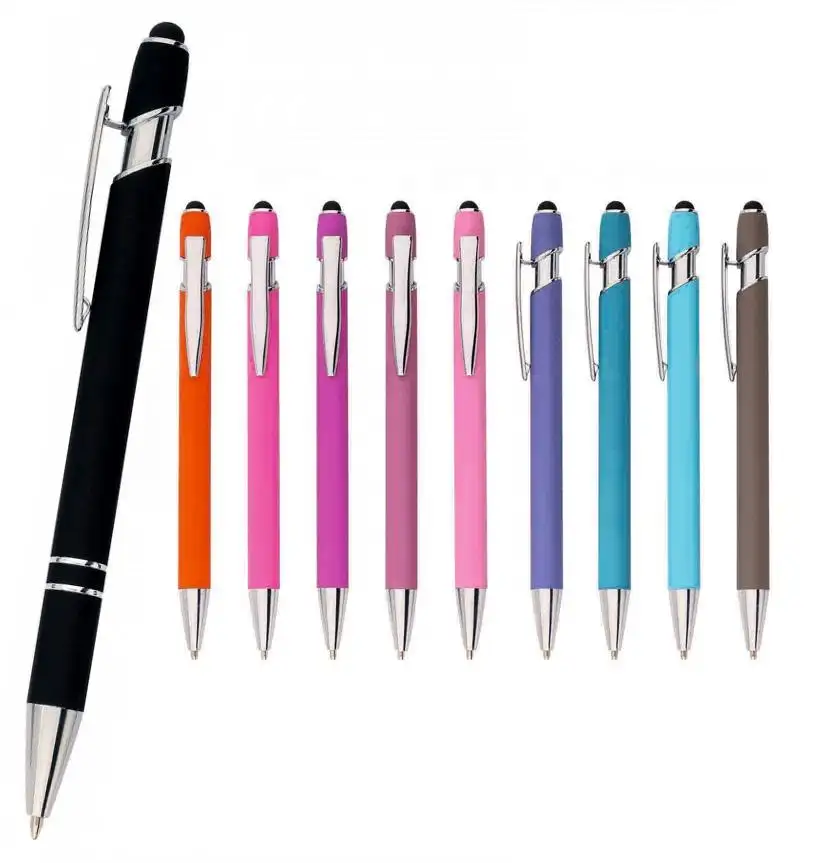 Toptan toplu markalı promosyon hediye özel logo metal siyah stylus kalem kauçuk kaplı tükenmez yumuşak metal kalem