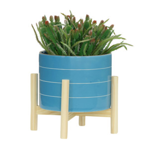Pot en céramique avec support en bois, couleur bleue, pour intérieur et extérieur - Product Image 4