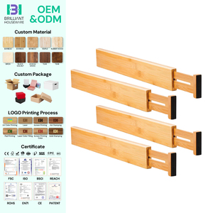 Organizzatori per cassetti regolabili con molla BH, grandi divisori in bambù per cassetti di cucina, comò, bagno e camera da letto - Product Image 1