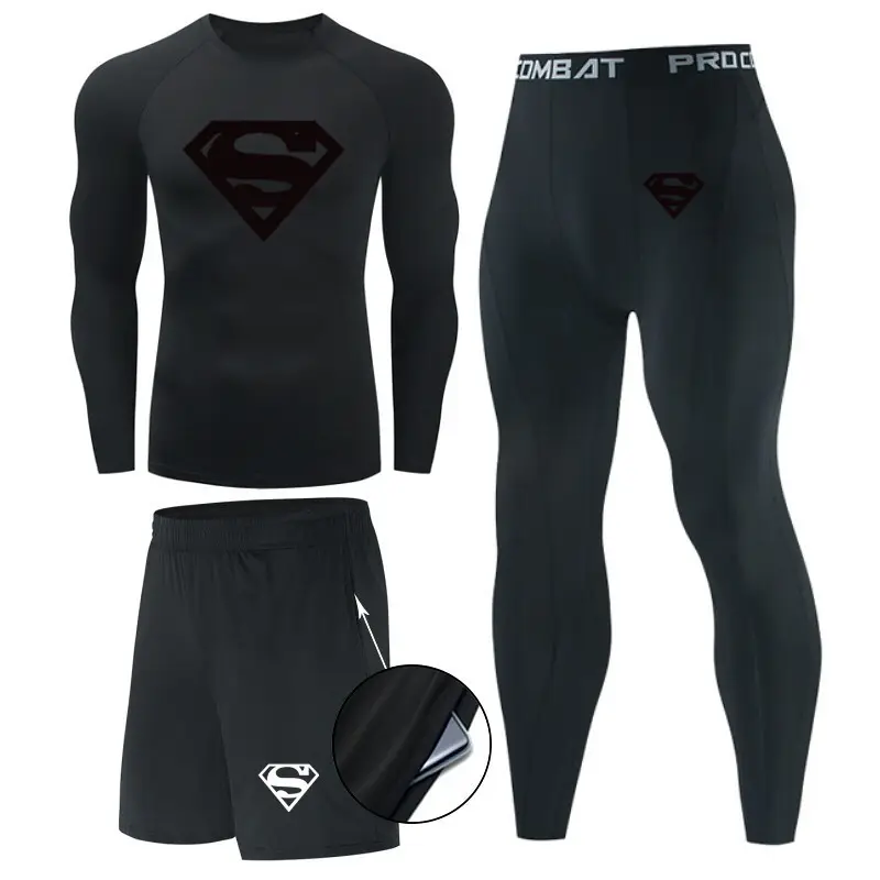 3 In 1 Compression Pants Shirt Top Long Sleeve Athletic Sets Gym Clothing Mens Workout Jogging Track Gym Wear