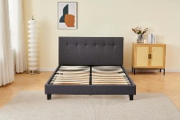 Lit de style européen moderne avec cadre en bois massif et tête de lit en tissu, disponible en tailles Queen et King, pour chambre à coucher