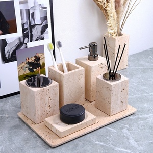 Hot <b>Sale</b> Free Combination Nature Marble Beige Travertine Stone Bathroom Toiletries Set Wabi Sabi Bathroom Amenities Kit - Product Image 1