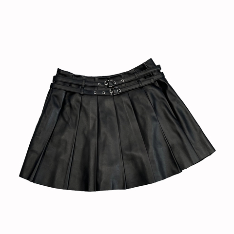3316 Factory Good Quality New Stylish Female Sweet Black Leather Pleated Mini Skirt With Belt