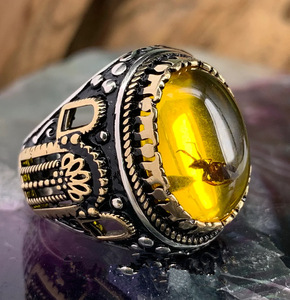 Atacado <span class=keywords><strong>Men</strong></span>'s Antique Black Silver Finger <span class=keywords><strong>Ring</strong></span> <span class=keywords><strong>Retro</strong></span> Banhado Oval Natural Ágata Animal Fósseis Ant Âmbar Anéis para Homens - Product Image 5