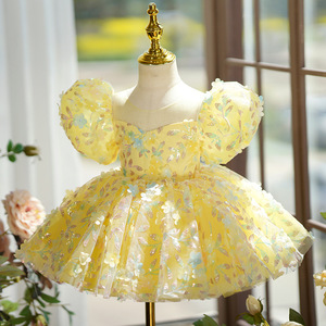 Estate maniche a sbuffo per bambini abiti da sera soffice grande fiocco con paillettes ricamato abito da principessa per bambina - Product Image 1
