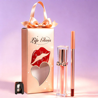 Kit de Brillant à Lèvres Scintillant et Crayon à Lèvres Rose Doré avec Taille-Crayon, Huile de Jojoba, Imperméable, Longue Durée – Cadeau de Fêtes en Gros