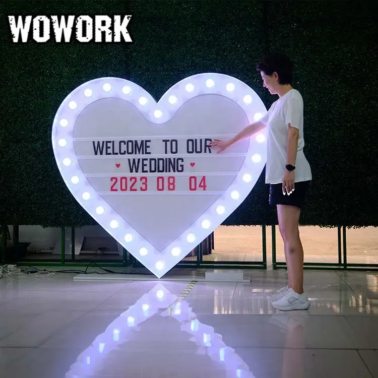 2024 WOWORK caixa leve grande grande conduzida exterior do coração do cinema da decoração do casamento do partido com 90 letras e sinais do alfabeto cartões