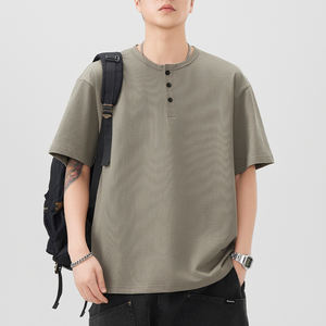 Fabrication de vêtements, chemise Henley personnalisée, tissu lourd 250GSM, tricoté en spandex/nylon, séchage rapide, manches courtes, unisexe, streetwear - Product Image 1